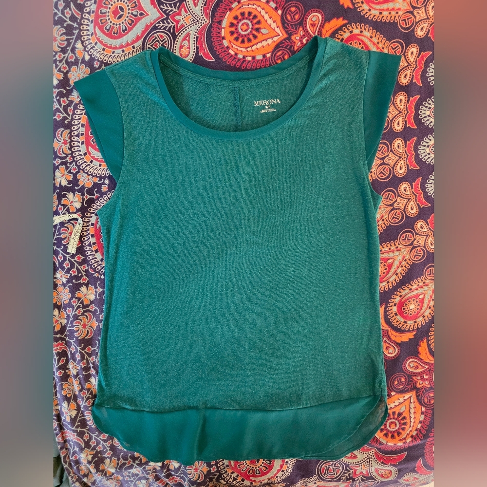 Teal Women's Top With Shear Cap Sleeves And Hem